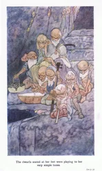 The dwarfs seated at her feet were playing to her very simple tunes